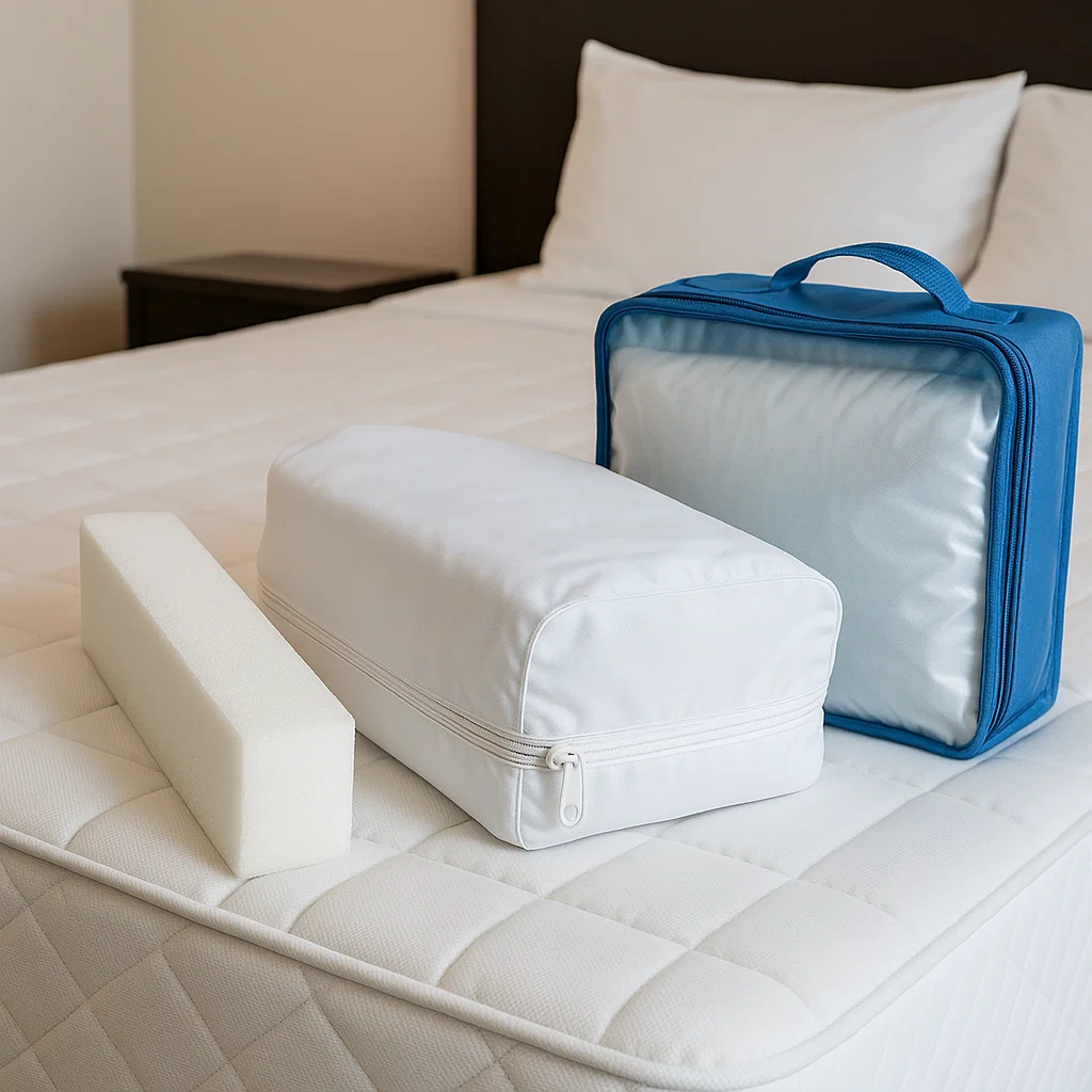 Matratzenzubehör-Set auf einem Bett: Ritzenfüller aus Schaumstoff, PU-Schutzbezug mit Reißverschluss und praktische Aufbewahrungstasche mit Tragegriff – ideal für Pflege, Schutz und Transport.